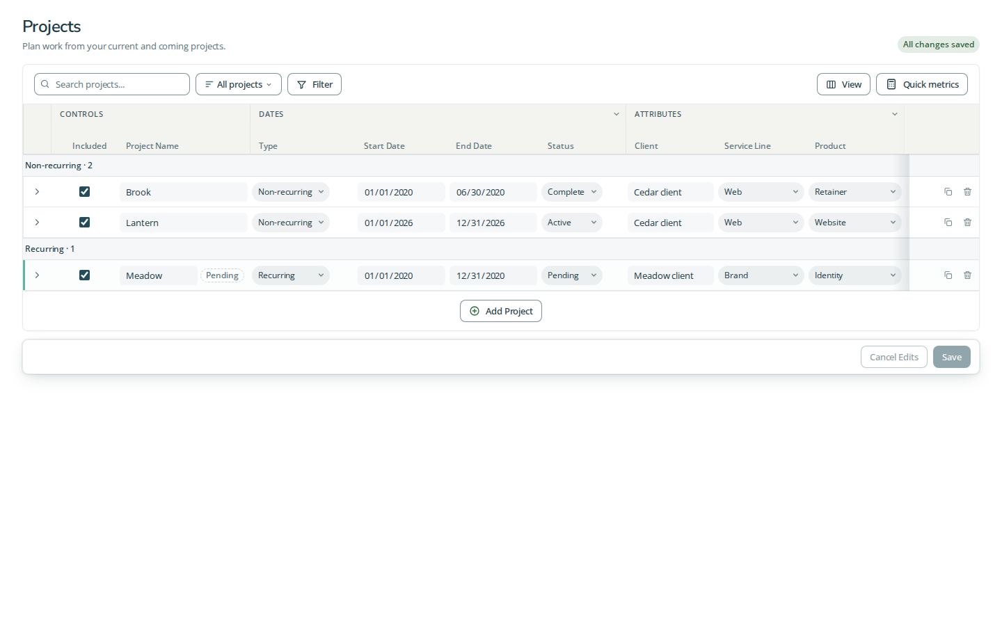 Projects grid with synthetic inputs in the light theme.